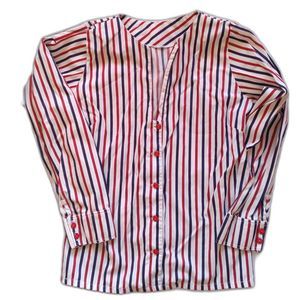 Vintage Handmade Striped Button Down 3/4 Sleeve Split Neck Red White Blue Grunge